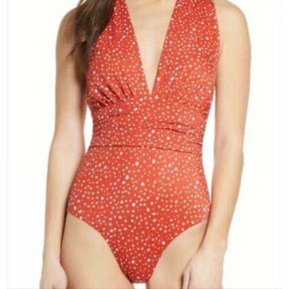 NWT‎ Chelsea28 Women's Small Red Polka Dot Deep Plunge One-Piece Swimsuit - Picture 1 of 7